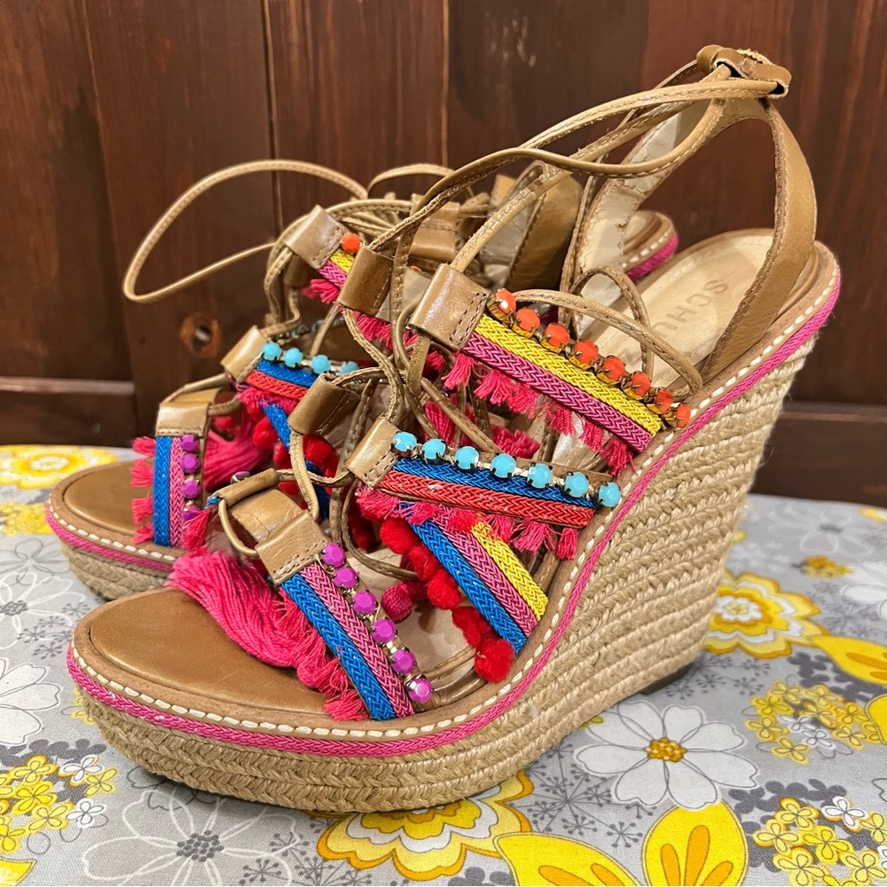 SCHUTZ Colorful Wedge Sandals with Tan Accents
